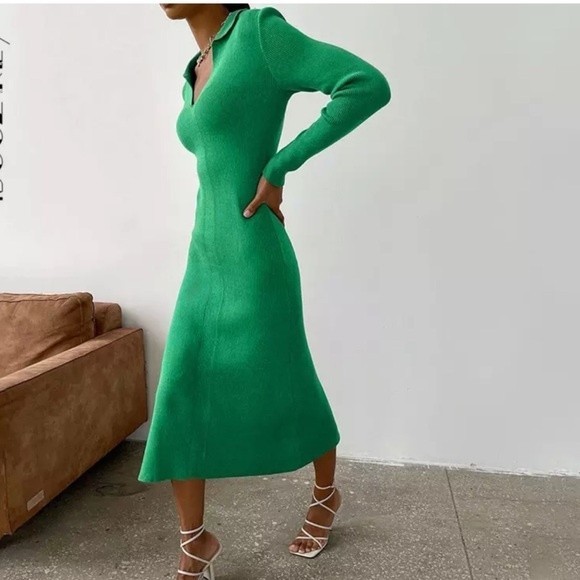 Lapel V-neck Split Long Sleeve Dress Casual Solid Elegant Bodycon Midi D… - Picture 2 of 4